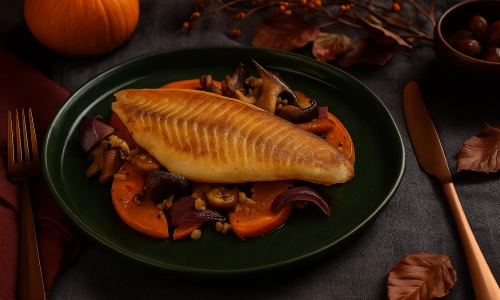 Gebakken baarsfilet met herfstgroenten en paddenstoelen