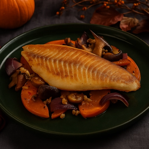 Gebakken baarsfilet met herfstgroenten en paddenstoelen