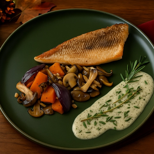 Gebakken baarsfilet met herfstgroenten en paddenstoelen