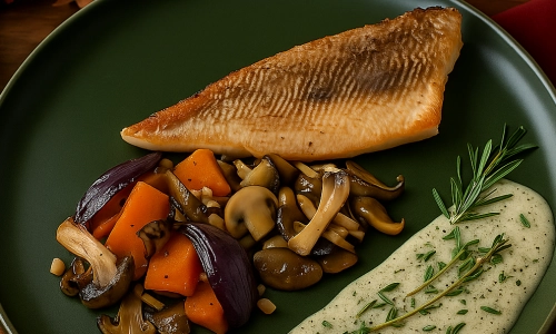 Gebakken baarsfilet met herfstgroenten en paddenstoelen