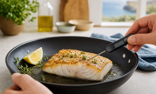 Thermometer in het dikste deel van een gebakken visfilet